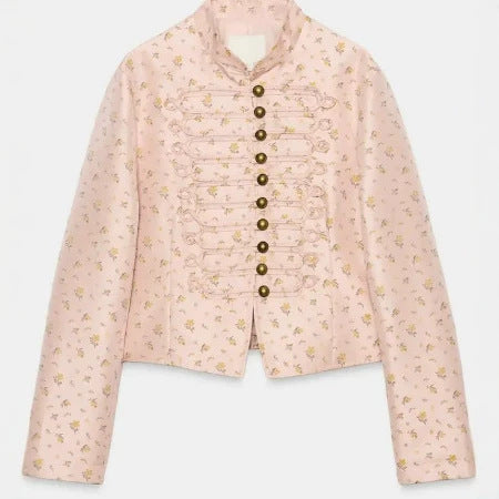 Damen Cropped Militärblouson mit Mandarinkragen, Zierkordeln und floraler Webstruktur Nord Taschen
