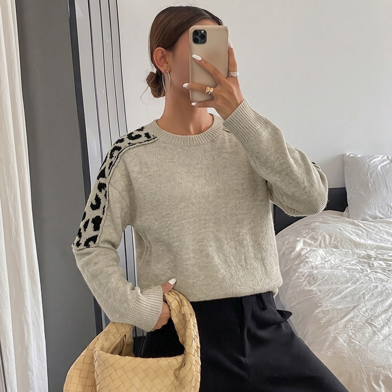 Damen Oversize Strickpullover mit Leo-Jacquard-Schultereinsätzen Nord Taschen