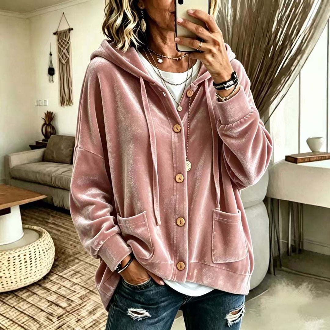 Damen Oversize Kapuzen-Samtjacke mit Knopfleiste und aufgesetzten Taschen Nord Taschen