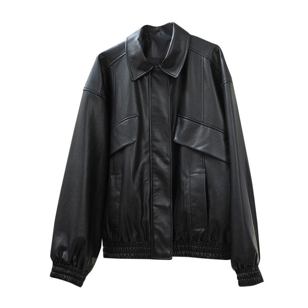 Damen Oversize-Lederoptik-Bomberjacke mit Pattentaschen und elastischem Saum Nord Taschen