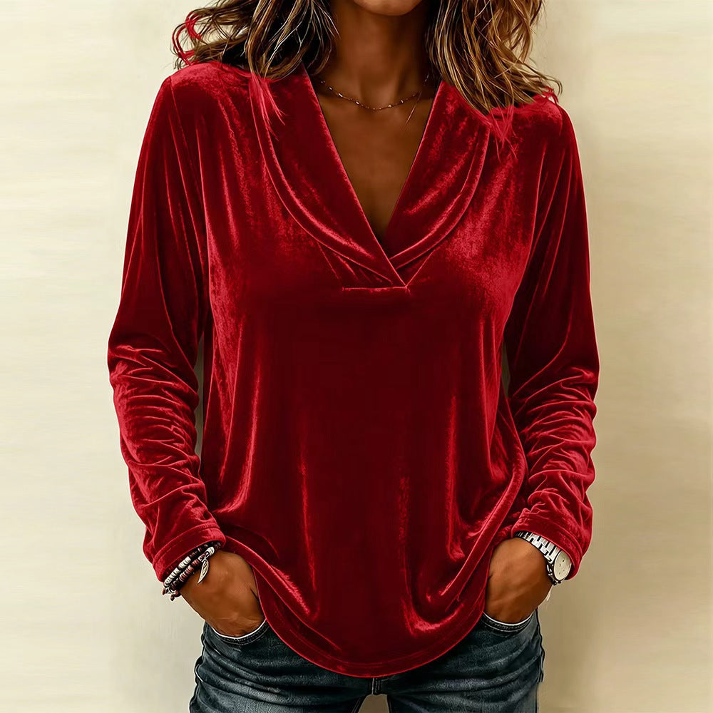 Damen Samt-Longsleeve mit tiefem V-Ausschnitt und lässigem Saum Nord Taschen