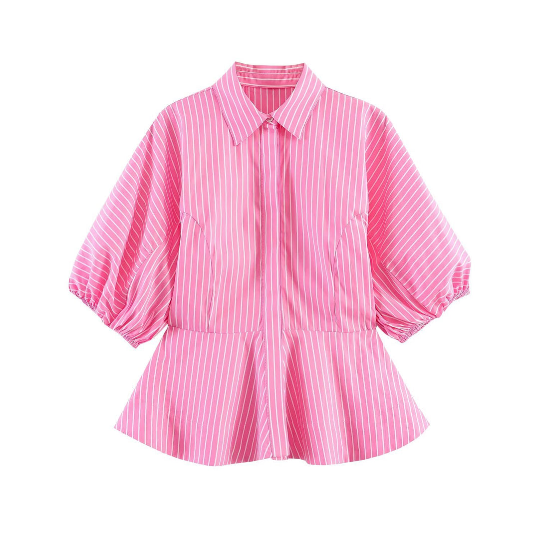 Damen Gestreifte Peplum-Bluse mit Ballonärmeln und Hemdkragen Nord Taschen