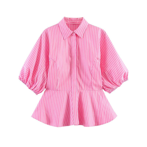 Damen Gestreifte Peplum-Bluse mit Ballonärmeln und Hemdkragen Nord Taschen
