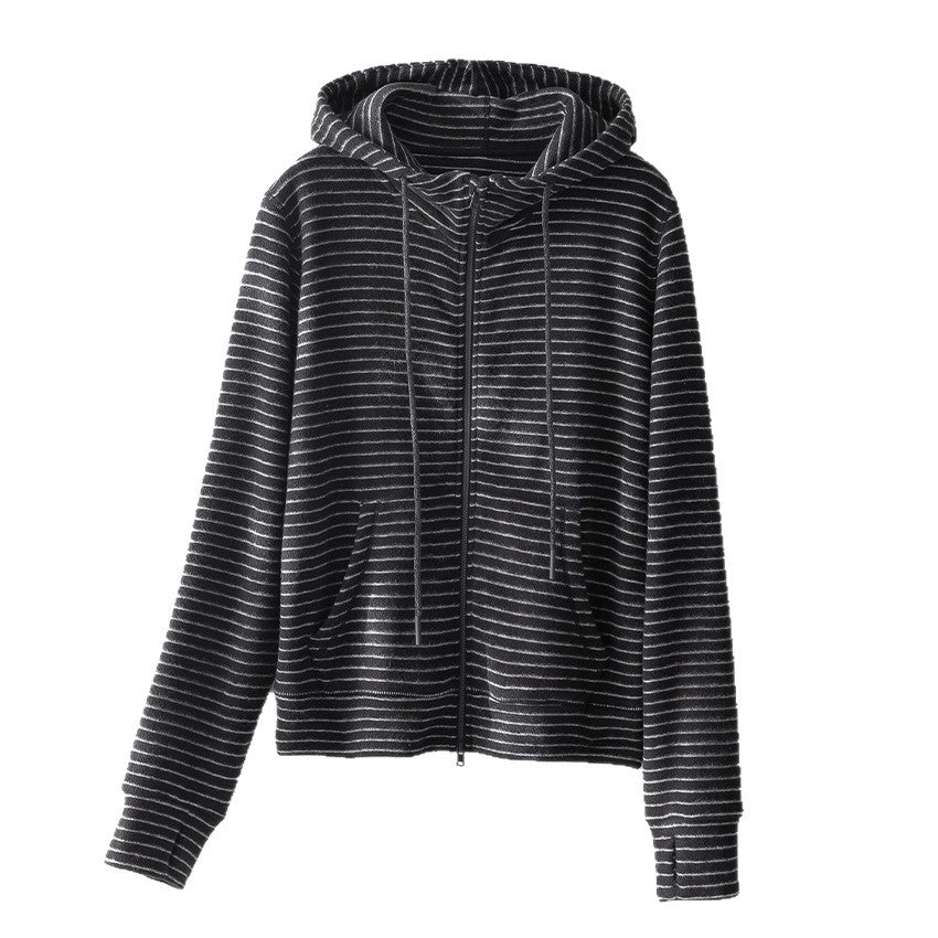 Damen Gestreifte Samt-Fleece Kapuzenjacke mit Reißverschluss und Kängurutaschen Nord Taschen