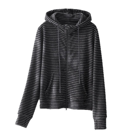 Damen Gestreifte Samt-Fleece Kapuzenjacke mit Reißverschluss und Kängurutaschen Nord Taschen