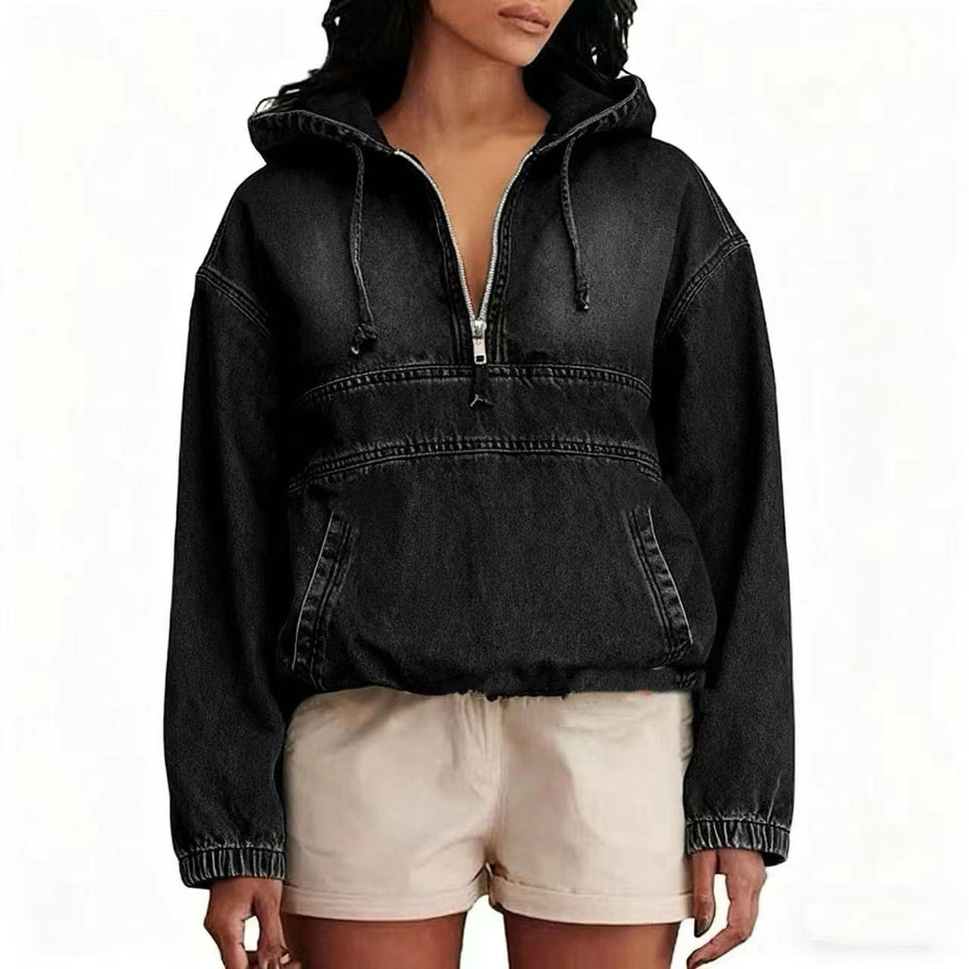 Damen Jeans-Hoodie mit halbem Reißverschluss, Kapuze und elastischem Saum Nord Taschen