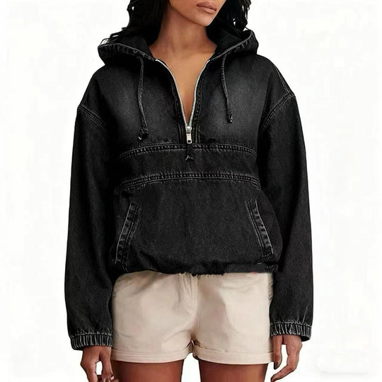 Damen Jeans-Hoodie mit halbem Reißverschluss, Kapuze und elastischem Saum Nord Taschen