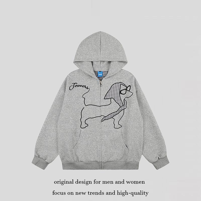 Damen Kapuzen-Zipjacke im Oversize-Cut mit gestickter Dackel-Illustration und Vichy-Detail Nord Taschen