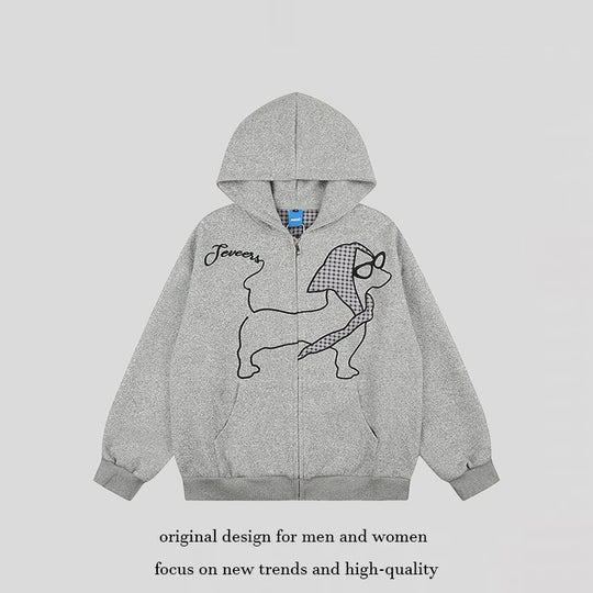 Damen Kapuzen-Zipjacke im Oversize-Cut mit gestickter Dackel-Illustration und Vichy-Detail Nord Taschen