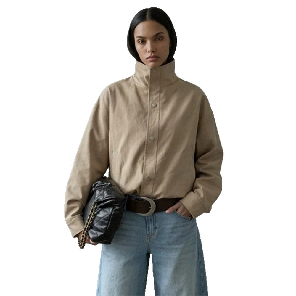 Damen Kurze kastige Canvasjacke mit hohem Stehkragen und Druckknopfleiste Nord Taschen