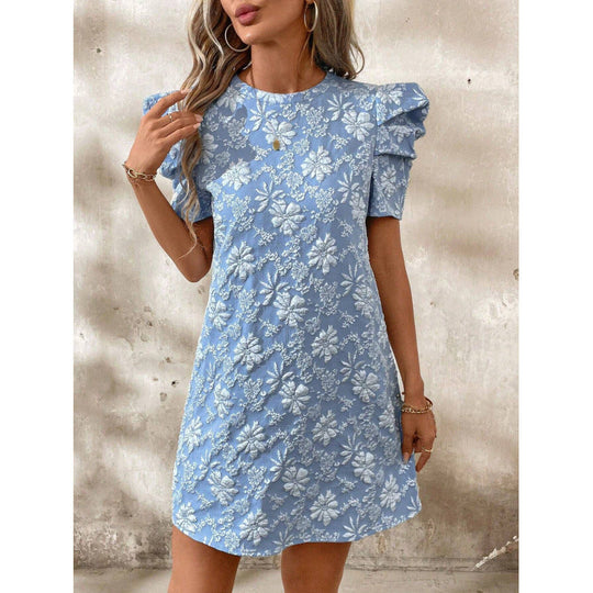 Damen Kurzarmkleid mit voluminiösen Ärmeln und floralen Stickereien