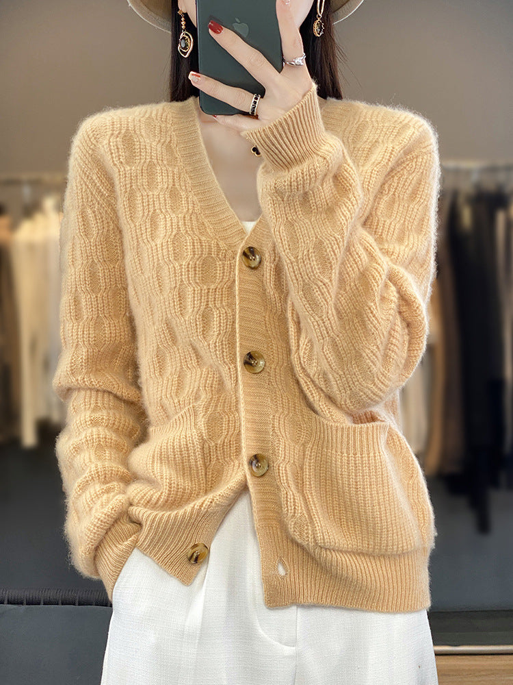 Damen Weicher Rautenmuster-Pullover im Mohair‑Look mit feiner Ajourstruktur und Rundhalsausschnitt Nord Taschen