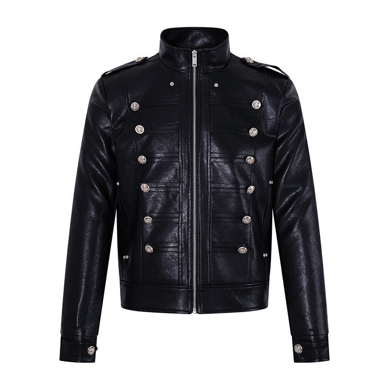 Herren Militärisch inspirierte Kunstlederjacke mit Stehkragen, Zierknopfreihe und Schulterpatten Nord Taschen