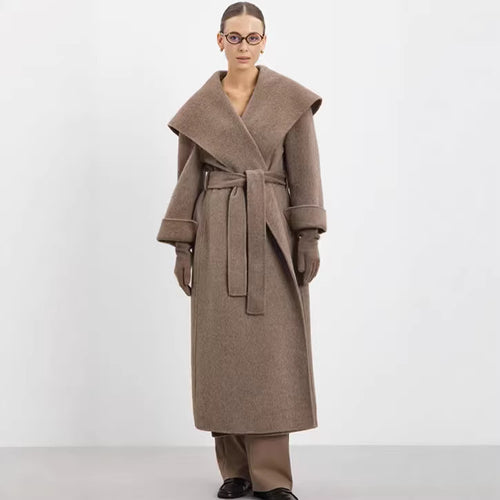 Damen Maxi-Mantel im Wickelstil mit breitem Schalkragen und Krempelärmeln Nord Taschen