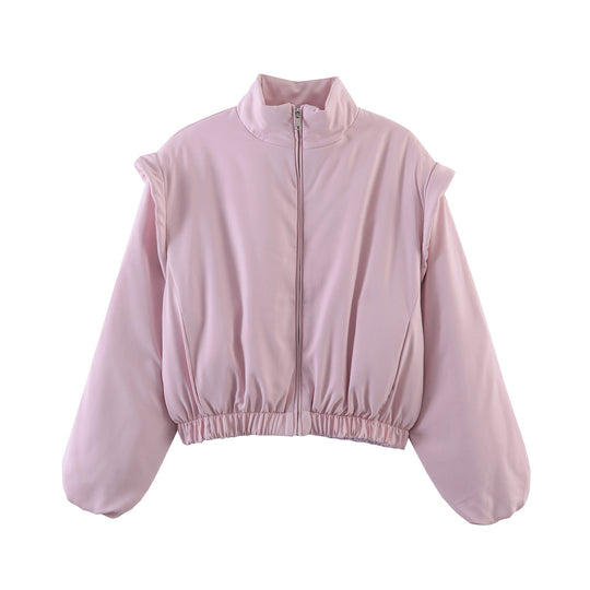 Damen Gepolsterte Cropped-Übergangsjacke mit Stehkragen, Ballonärmeln und elastischem Saum Nord Taschen