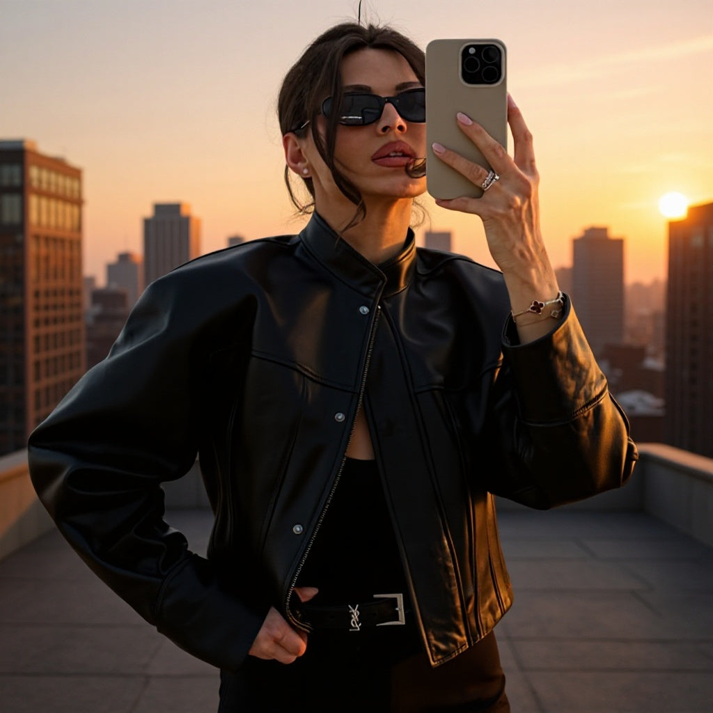 Damen Kurzjacke aus veganem Glattleder mit markanten Schulterpuffern und verdeckter Druckknopfleiste Nord Taschen