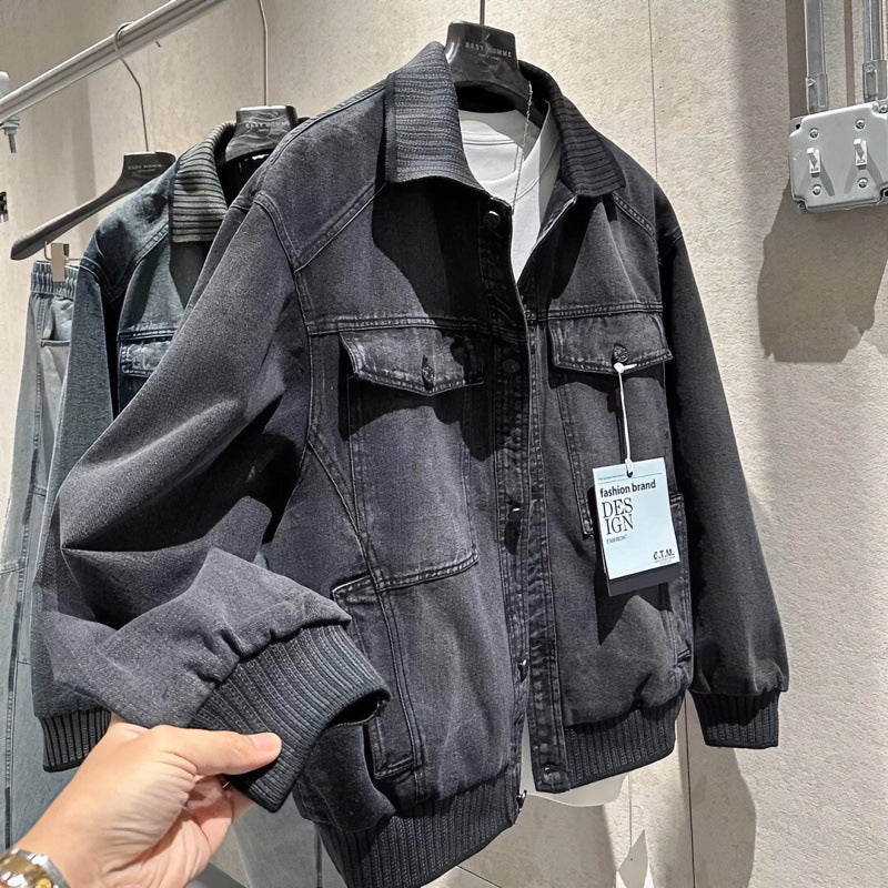 Herren Weitgeschnittene Jeansjacke mit geripptem Kontrastkragen und Vintage-Waschung Nord Taschen