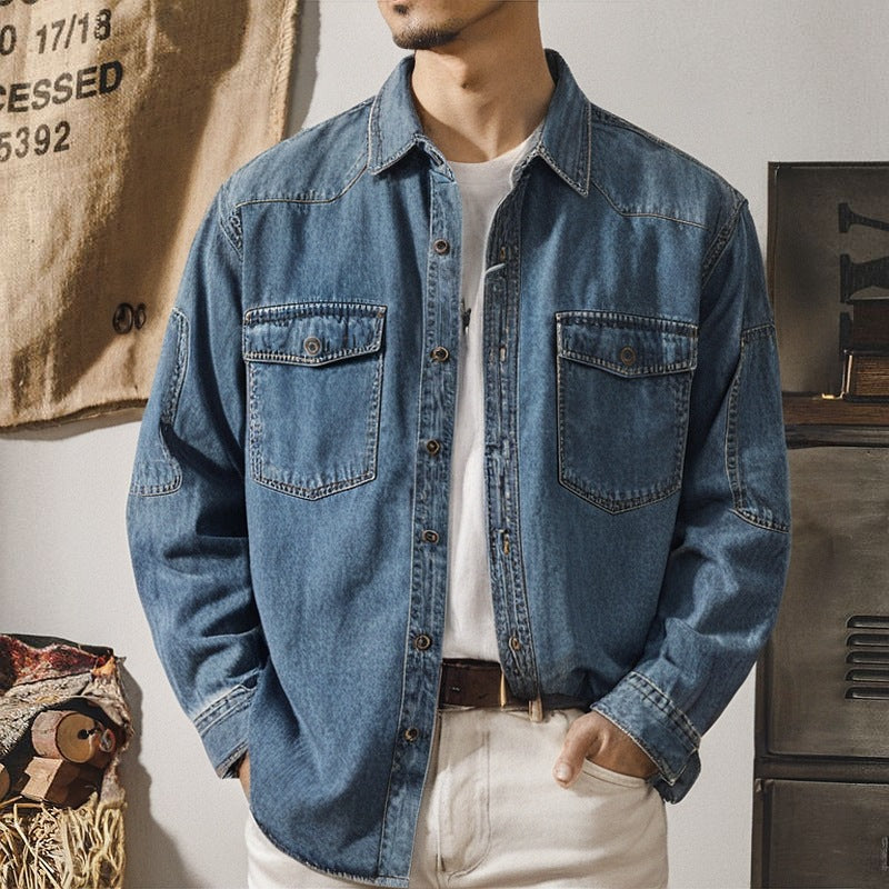 Herren Relaxed Denim‑Hemdjacke mit aufgesetzten Pattentaschen, verstärkten Ellenbogen und sichtbarer Knopfleiste Nord Taschen