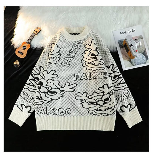 Unisex Oversized Jacquard-Strickpullover mit Allover-Motiv und Rippbündchen Nord Taschen