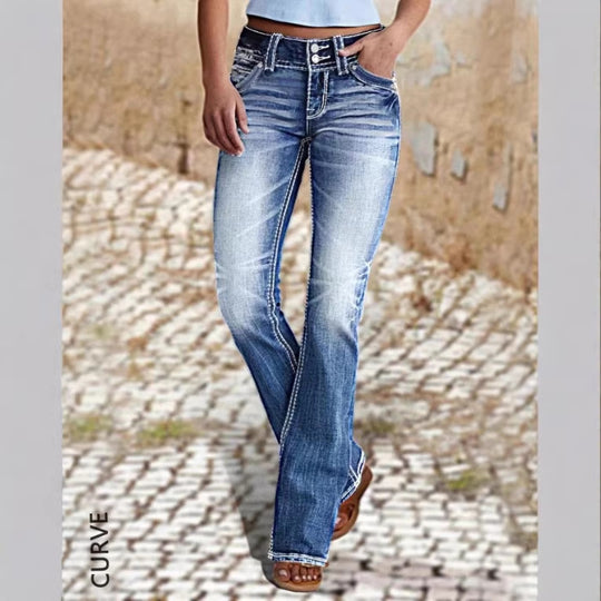 Damen Bootcut-Jeans mit sculptendem V-Bund, dekorativer Kontraststeppung und Vintage-Wash Nord Taschen