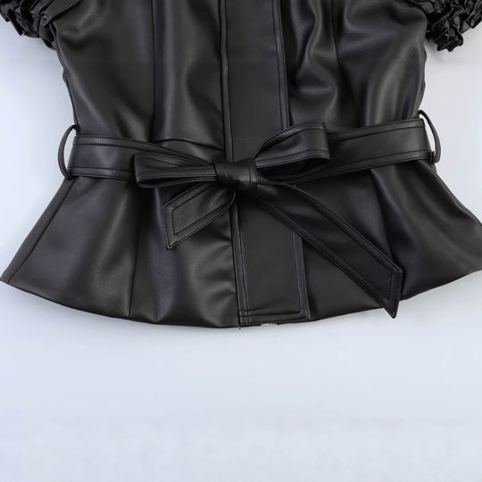 Damen Taillierte Veganleder‑Wickeljacke mit Tunnelzuggürtel und Oversize‑Ärmeln Nord Taschen
