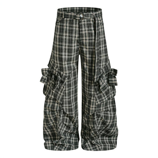 Damen karierte hochgeschnittene Cargo-Hose mit weitem Bein und Volant-Taschen Nord Taschen