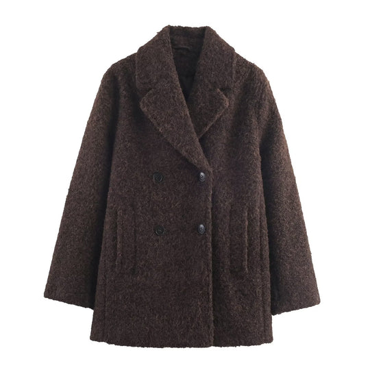 Damen Doppelreihiger Teddy-Mantel mit Schalkragen und aufgesetzten Taschen Nord Taschen