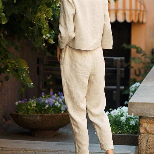 Damen Lässiges Zweiteiliges Leinen-Outfit mit breitem Bund