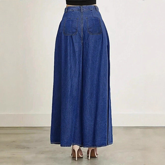 Damen Extraweite High‑Waist Denim‑Palazzohose mit fließendem Tellerfall Nord Taschen