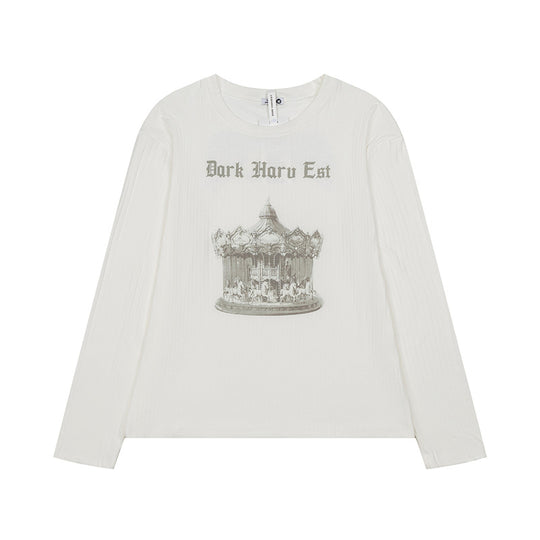 Damen Langarmshirt aus feinem Rippjersey mit Vintage-Karussell-Fotoprint und Rundhals Nord Taschen