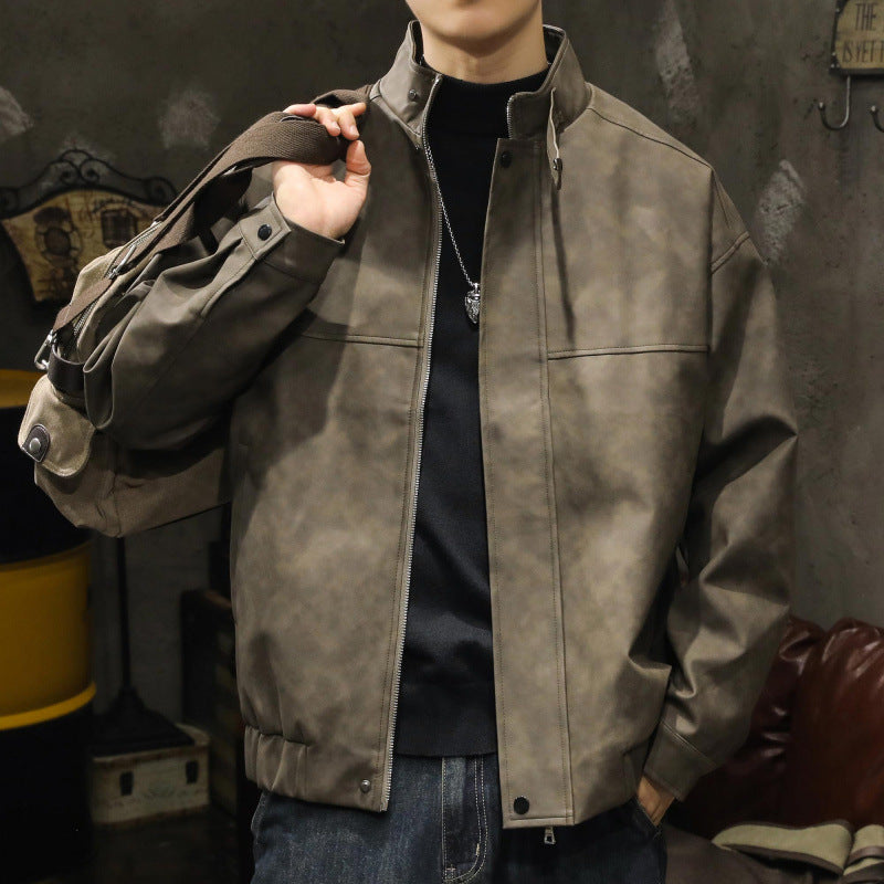 Herren Boxy Lederoptik-Blouson mit verdeckter Reißverschlussleiste, Stehkragen und elastischem Bund Nord Taschen