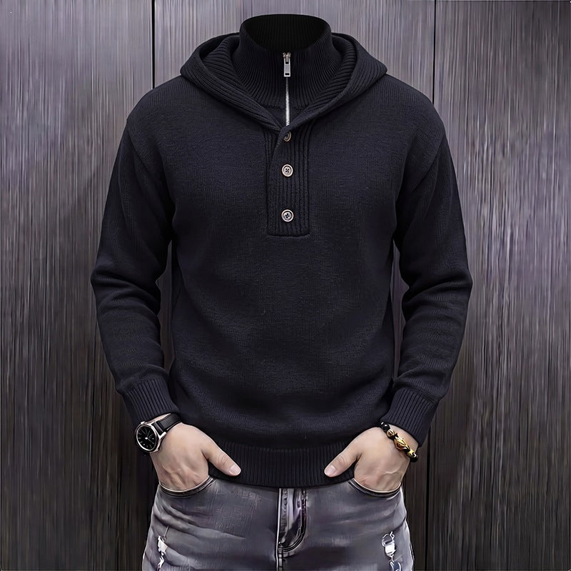 Herren Feinstrick-Kapuzenpullover mit halbem Reißverschluss und Knopfblende Nord Taschen