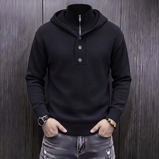 Herren Feinstrick-Kapuzenpullover mit halbem Reißverschluss und Knopfblende Nord Taschen