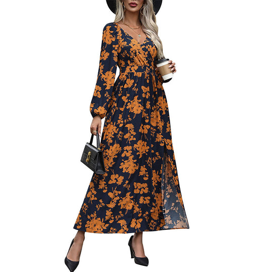 Damen Floral Maxikleid mit V-Ausschnitt und Rüschendetails Nord Taschen