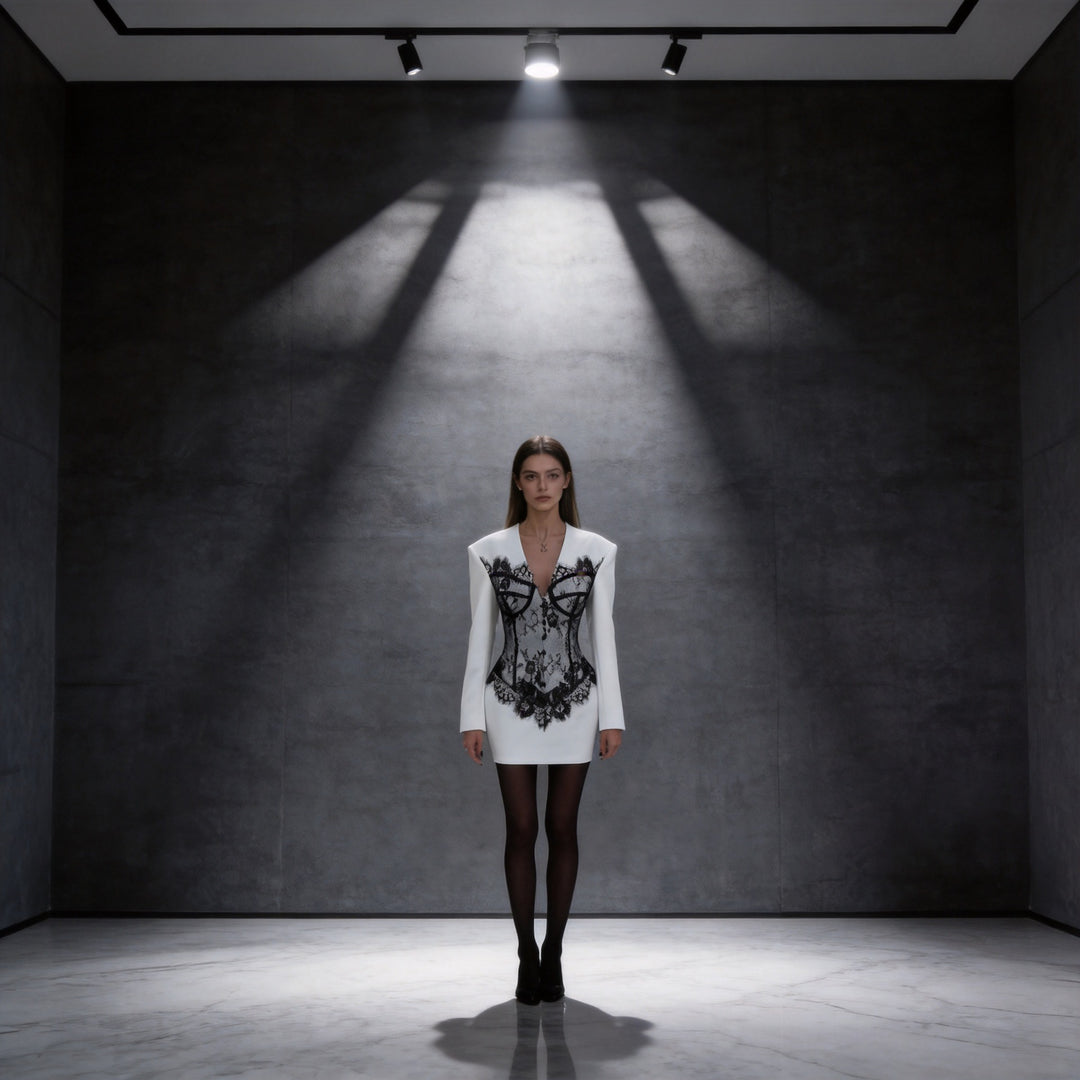Damen Tailliertes Minikleid mit Korsagen-Optik und Spitzenapplikation Nord Taschen
