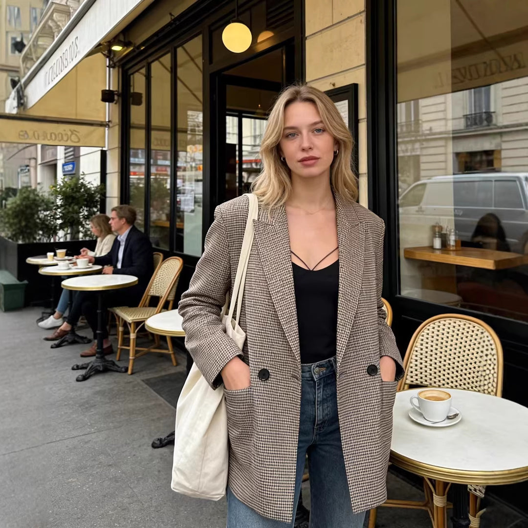 Damen Zweireihiger Oversize-Blazer mit Hahnentritt‑Muster und Pattentaschen Nord Taschen