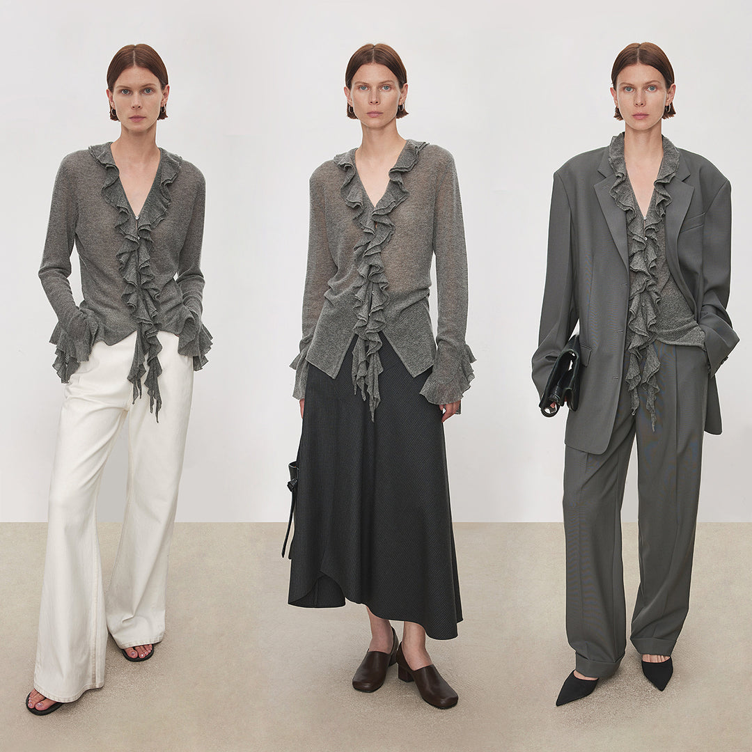 Damen Rüschen-Strickcardigan mit V-Ausschnitt und Volantärmeln Nord Taschen