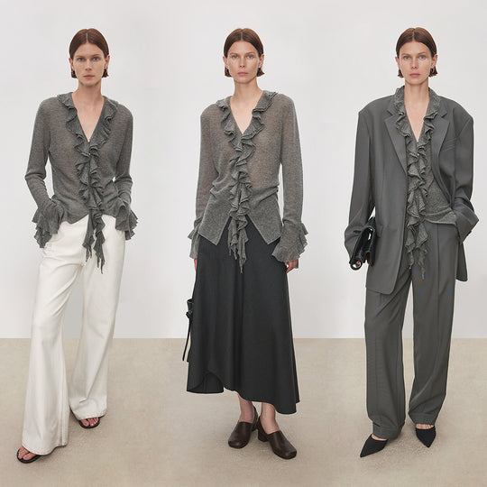 Damen Rüschen-Strickcardigan mit V-Ausschnitt und Volantärmeln Nord Taschen