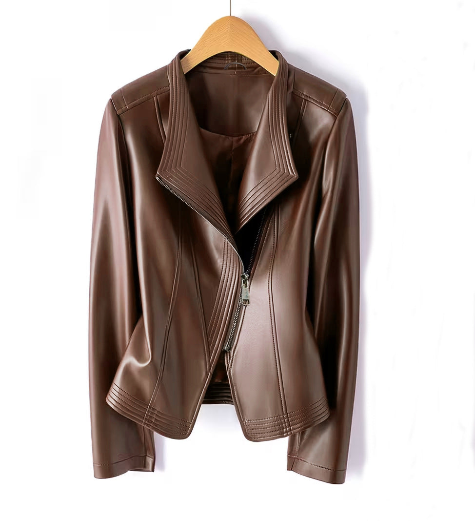 Damen Kurz geschnittene Kunstlederjacke mit asymmetrischem Reißverschluss Nord Taschen