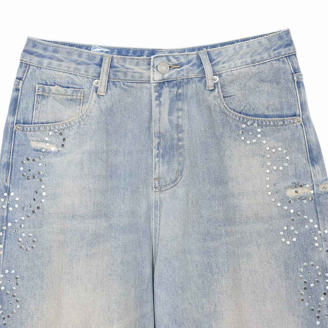 Damen Jeans mit hoher Taille, weitem Bein, Strassbesatz und Destroyed-Details Nord Taschen