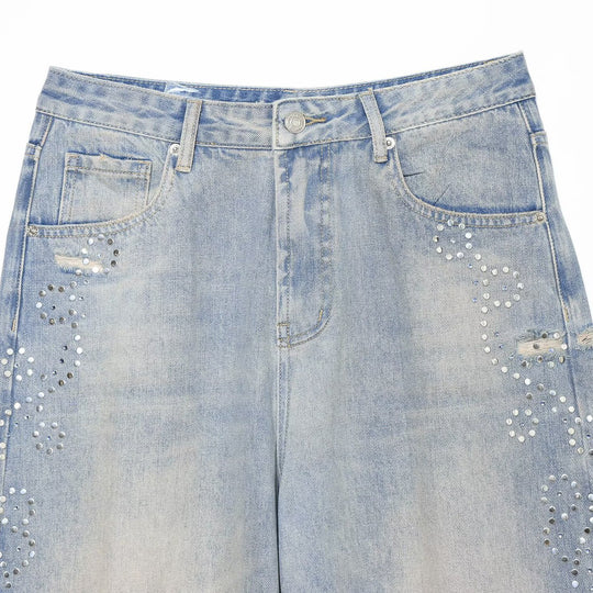Damen Jeans mit hoher Taille, weitem Bein, Strassbesatz und Destroyed-Details Nord Taschen