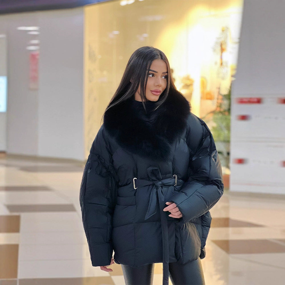 Damen Oversize Steppjacke mit Taillengürtel und Kunstfellkragen Nord Taschen