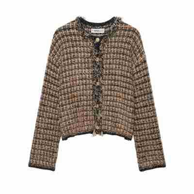 Damen Bouclé-Tweed-Croppedjacke mit Fransenbesatz und Rundhalsausschnitt Nord Taschen