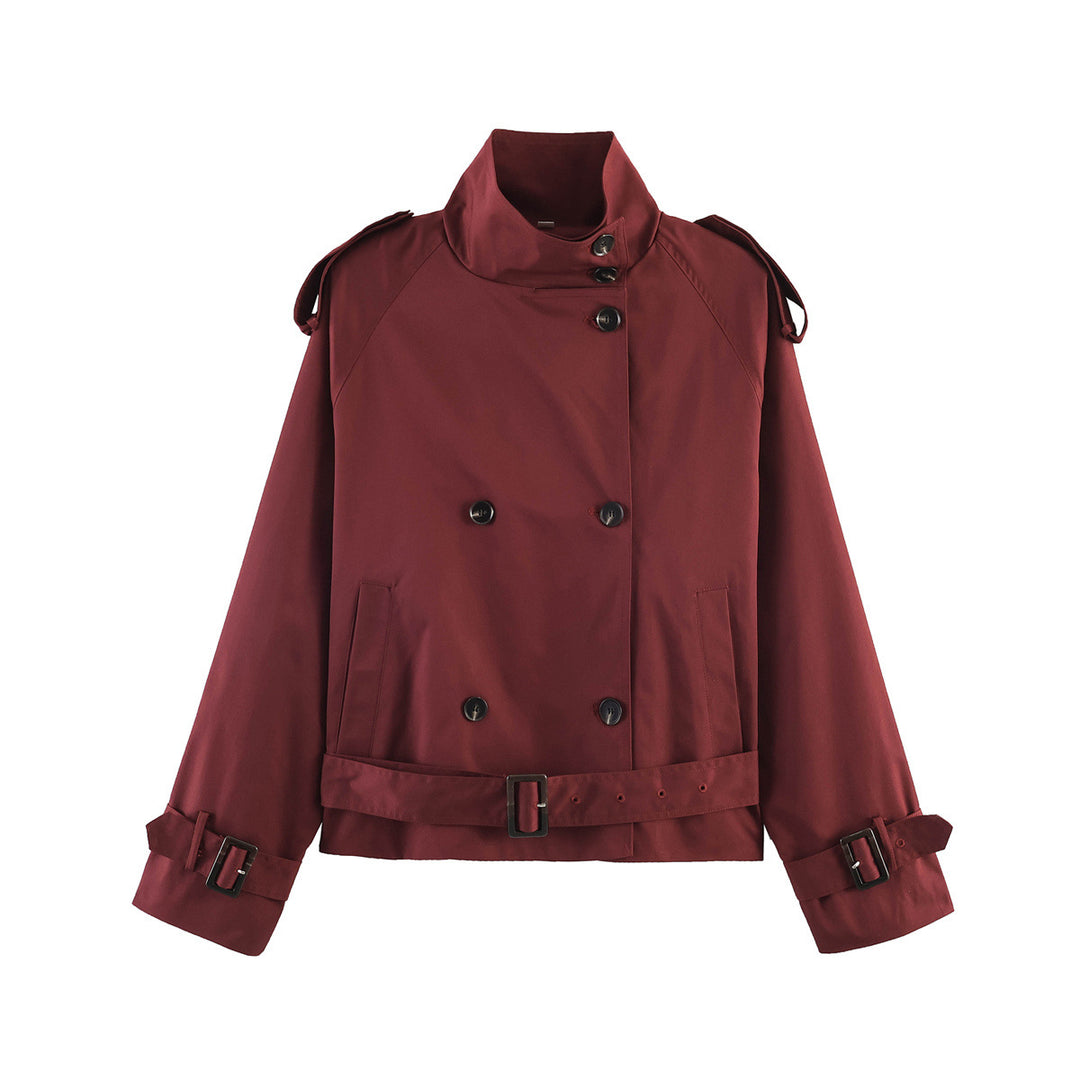 Damen 20+ kurzer Doppelreiher Trenchblouson im Boxy‑Cut mit Stehkragen Schulterklappen und verstellbarem Taillengürtel Nord Taschen