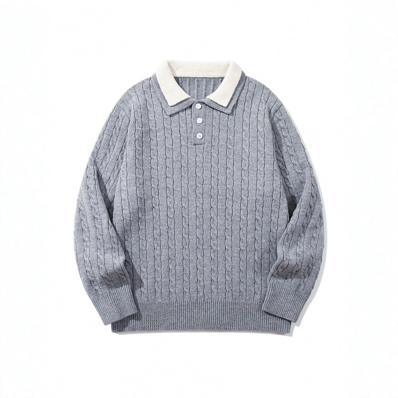 Herren Grobgestrickter Polokragen-Pullover mit Zopfmuster und Knopfleiste Nord Taschen