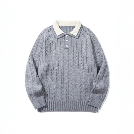 Herren Grobgestrickter Polokragen-Pullover mit Zopfmuster und Knopfleiste Nord Taschen