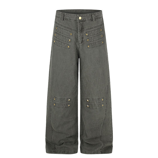 Damen Weite High‑Waist Culotte‑Jeans im Utility‑Look mit Zierlaschen und Metallnieten Nord Taschen