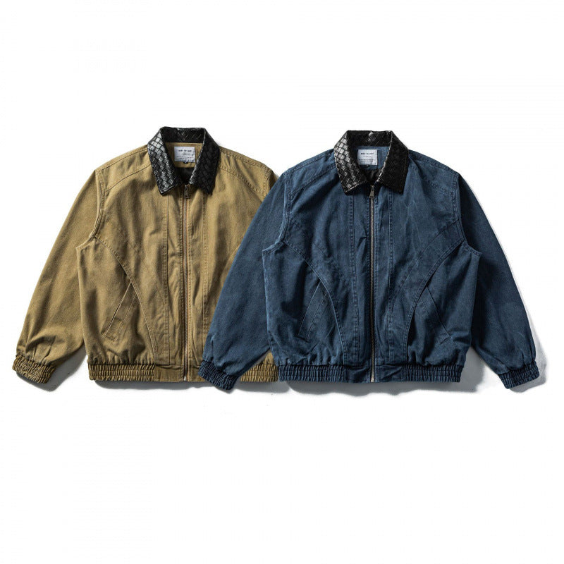 Herren Kastige Denim-Blousonjacke mit gesteppter Lederkragen und Elastikbund Nord Taschen