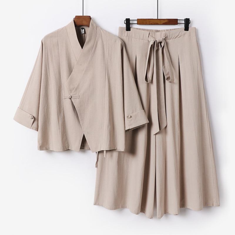 Damen Leichtes Kimono-Loungewear-Set mit V-Ausschnitt dreiviertelärmeln und weiten Palazzo-Hosen Nord Taschen