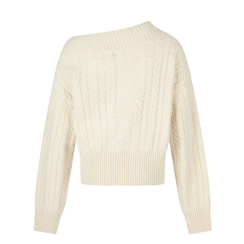 Damen Kurzer Zopfstrick-Pullover mit weitem Boat-Ausschnitt und markantem Logobund Nord Taschen